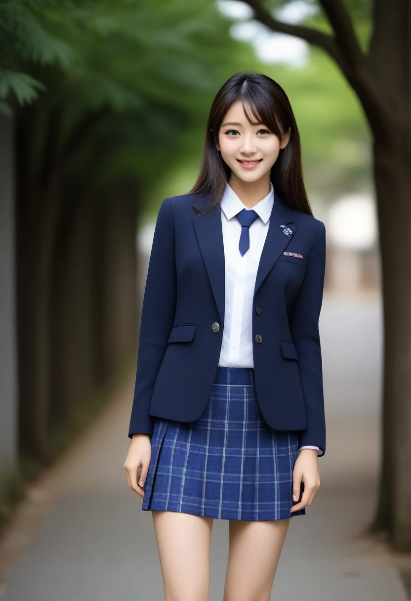 8K, Ultra-high resolution, Highest quality, masterpiece, 三分割法によるphotograph,Surreal, photograph, 1 Girl, (:1.3), pretty girl, Cute face, Beautiful eyes in every detail, 細かくdetailedに,masterpiece,, One Girl:1.2, Japan Female Announcer,whole body,((very small head:1.3)),Center-parted bangs,amount,Black Hair,Long Hair,Iris,Gorgeous eyes,smile,((Toned body,Slender body,skinny)),(school uniform、Dark blue blazer jacket、Navy blue tie、Grey plaid pleated mini skirt),Glowing Skin,Shiny skin,Beautiful leg line beauty,Urban area,street tree,Full of sex appeal,Sensual,屈託のないsmile,Heal the heart,Looking at the audience、beauty,Long neck、Laugh a little、Please close your mouth and laugh、(((Ideal body type))),A cup small breasts :2,、Portraiture:2、Perfect Anatomy、鮮明なdetailed、detailed、Surreal、Light and shadow,Strong light