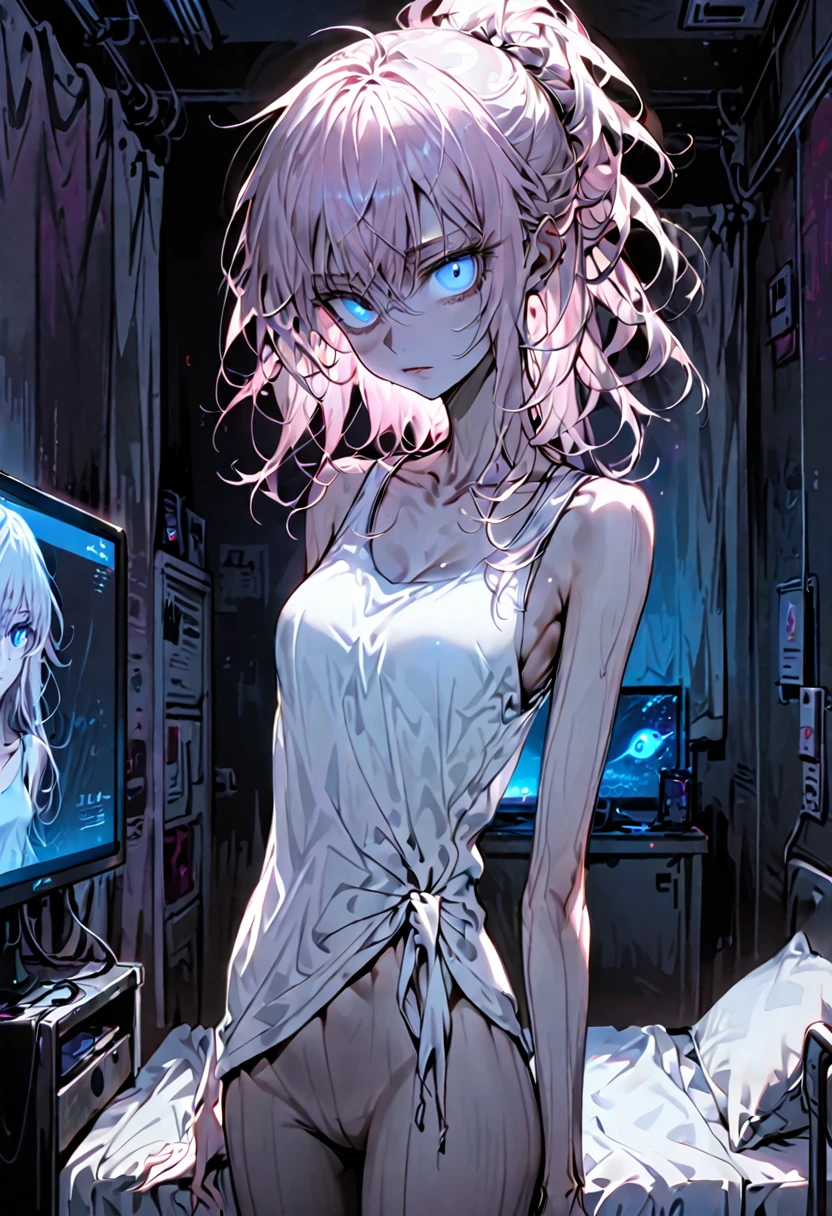 solo, female, sfw, extremely tall, tall:1.3, long messy hair, tied hair, light pink hair, blue eyes, bags under eyes, tank top, very slim, medium breasts, bedroom, dark messy room, neet, glowing screen