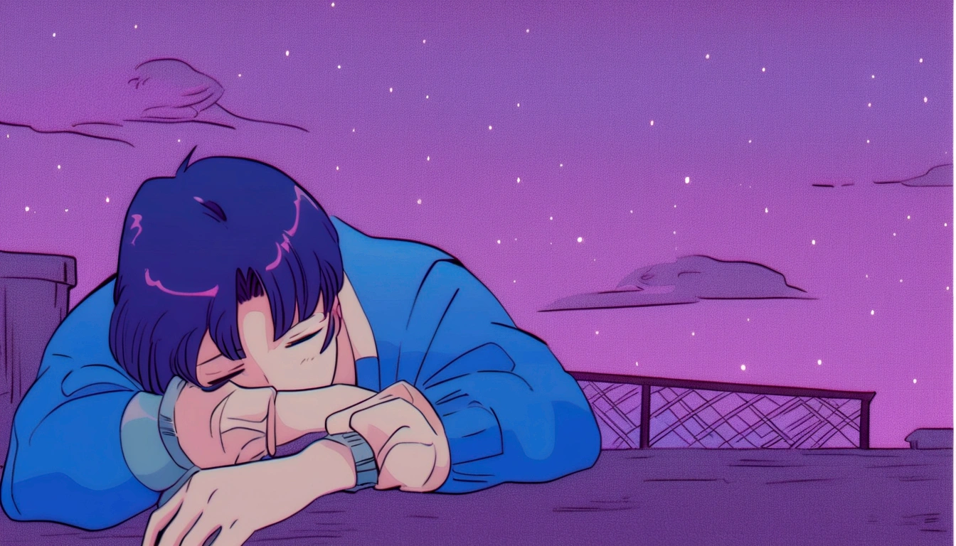 anime boy leaning against a fence with his hand on his face, ((curly hair)), ((Red-Haired)) 90s anime aesthetic, vaporwave cartoon, lo-fi illustration style, praise feel, in the art style of 80s anime, praise, 90s anime art style, praise artstyle, dreamy psychedelic anime, praise aesthetic, they be, they be colors