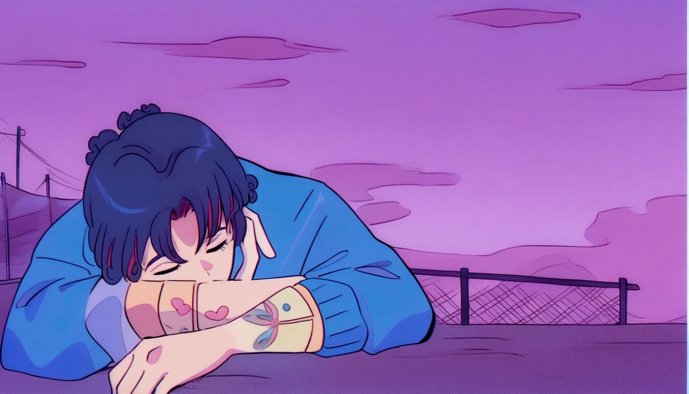 anime boy leaning against a fence with his hand on his face, ((curly hair)), ((Red-Haired)) 90s anime aesthetic, vaporwave cartoon, lo-fi illustration style, praise feel, in the art style of 80s anime, praise, 90s anime art style, praise artstyle, dreamy psychedelic anime, praise aesthetic, they be, they be colors