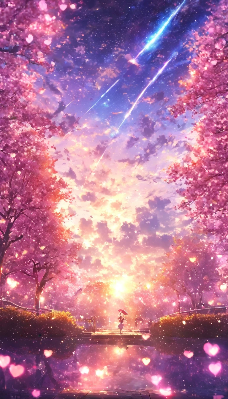 masterpiece, Concept Art, Panorama, in the center, shape, Wide Shot, garden, night, (meteor), Space galaxy background, (Great composition, Epic scale), Dynamic Lighting, Bright colors, cherry blossoms,1 Girl,Glowing light particles、heart、heart、love affair、rainbow