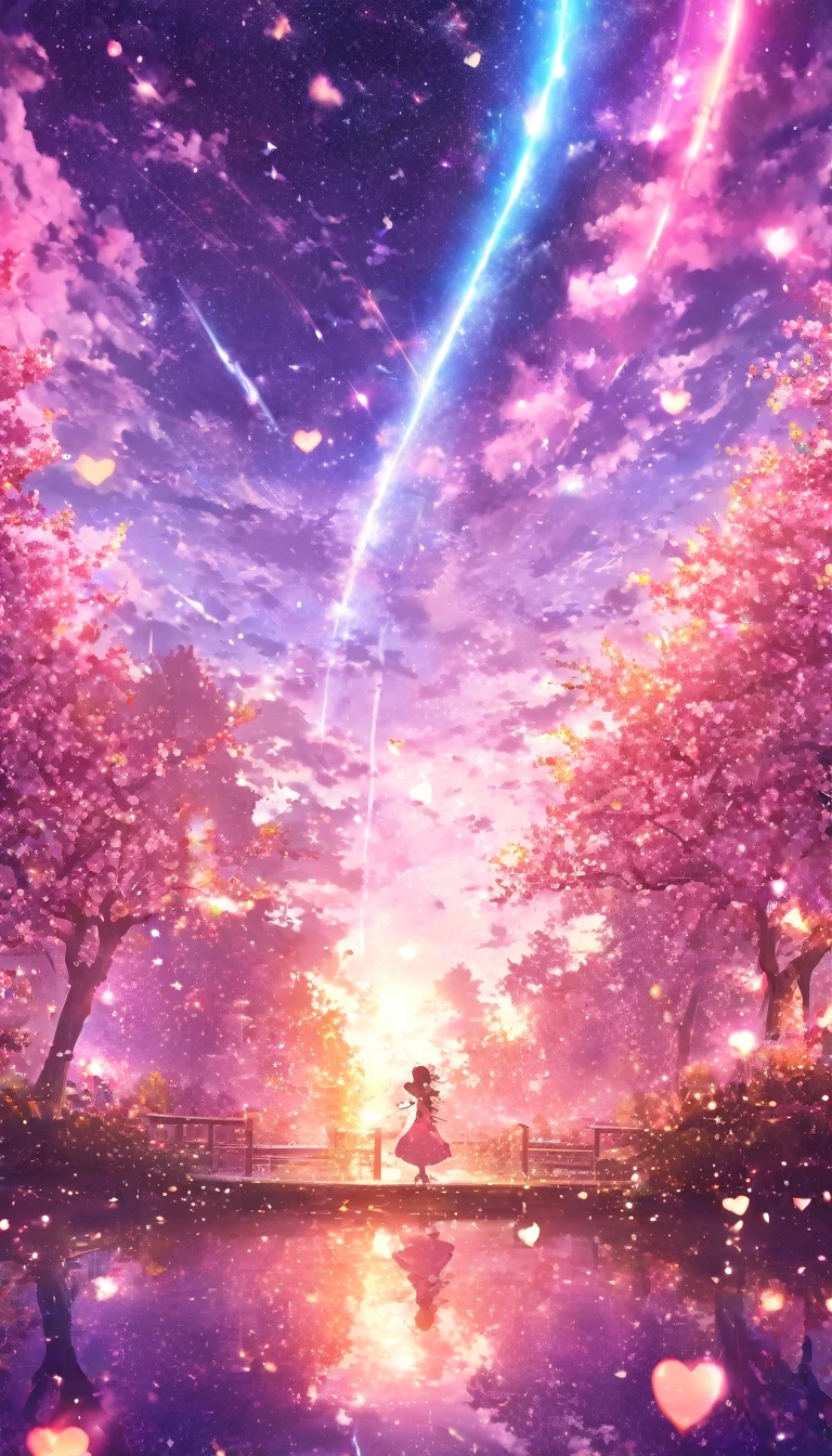 masterpiece, Concept Art, Panorama, in the center, shape, Wide Shot, garden, night, (meteor), Space galaxy background, (Great composition, Epic scale), Dynamic Lighting, Bright colors, cherry blossoms,1 Girl,Glowing light particles、heart、heart、love affair、rainbow