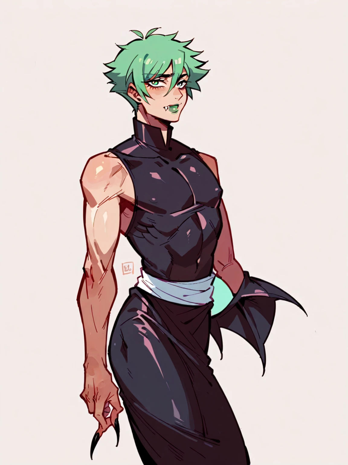 Anime character with green hair and black outfit posing for a photo, attractive androgynous humanoid, Full length portrait of a short!, androgynous person, delicate androgynous prince, !!Full length portrait!!, androgynous vampire, very detailed full body body, androgynous male, androgynous, beautiful androgynous prince, Female protagonist 👀 :8
