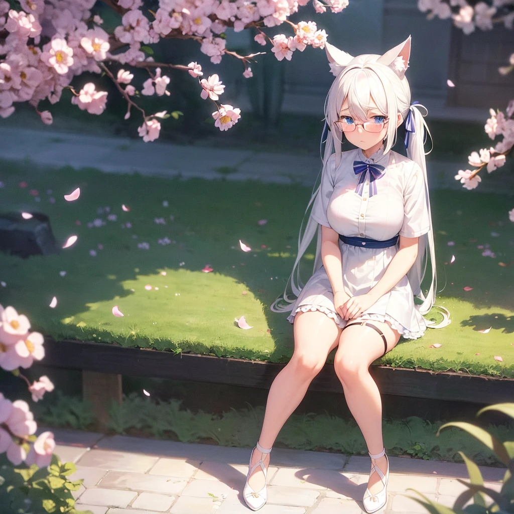 adult anime girl, white hair pigtails, ribbons, blushing, blue eyes, white cat ears, 8k, high res, 1 girl, good lighting, fine detail, rob, glasses, (masterpiece), perfect face, best quality, looking at view, flowers, petals, full body thick, sitting