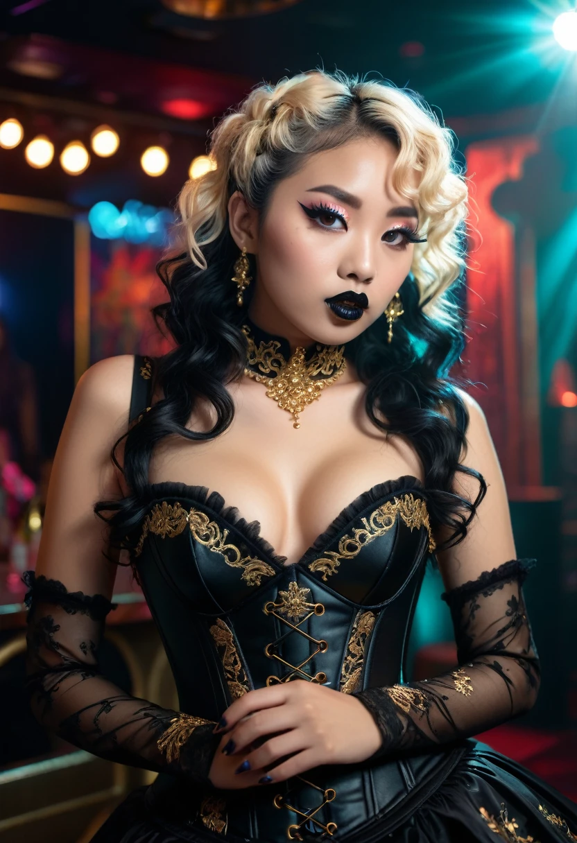 (1 girl 1.3) (extremely detailed 1.3) (anatomically correct, High precision, realistic skin) (RAW photo, nikon, 8k, Super detailed, advanced details, intricate details,), (Lighting: Face lighting, Ray tracing, reflective light, Structurally correct) ((Background: back room of a nightclub 1.3)) ((divine aura, goddess of fertility, sex, and eroticism) (Subject: beautiful half-asian, mixed asian-european, bronze skin, woman with hair in black curls and coils) (wearing: glamorous detailed embroidered goth ta rave, corset, teal and black, golden ancient jewellery on arms and neck wrists and fingers, wearing elegant gold and black high heel boot new rocks), ((lying down giving a POV blowjob, showing her ass 1.5)) ((beautiful big eyes looking up at the viewer, black shiny lipstick, perfect asian goth cyber makeup))