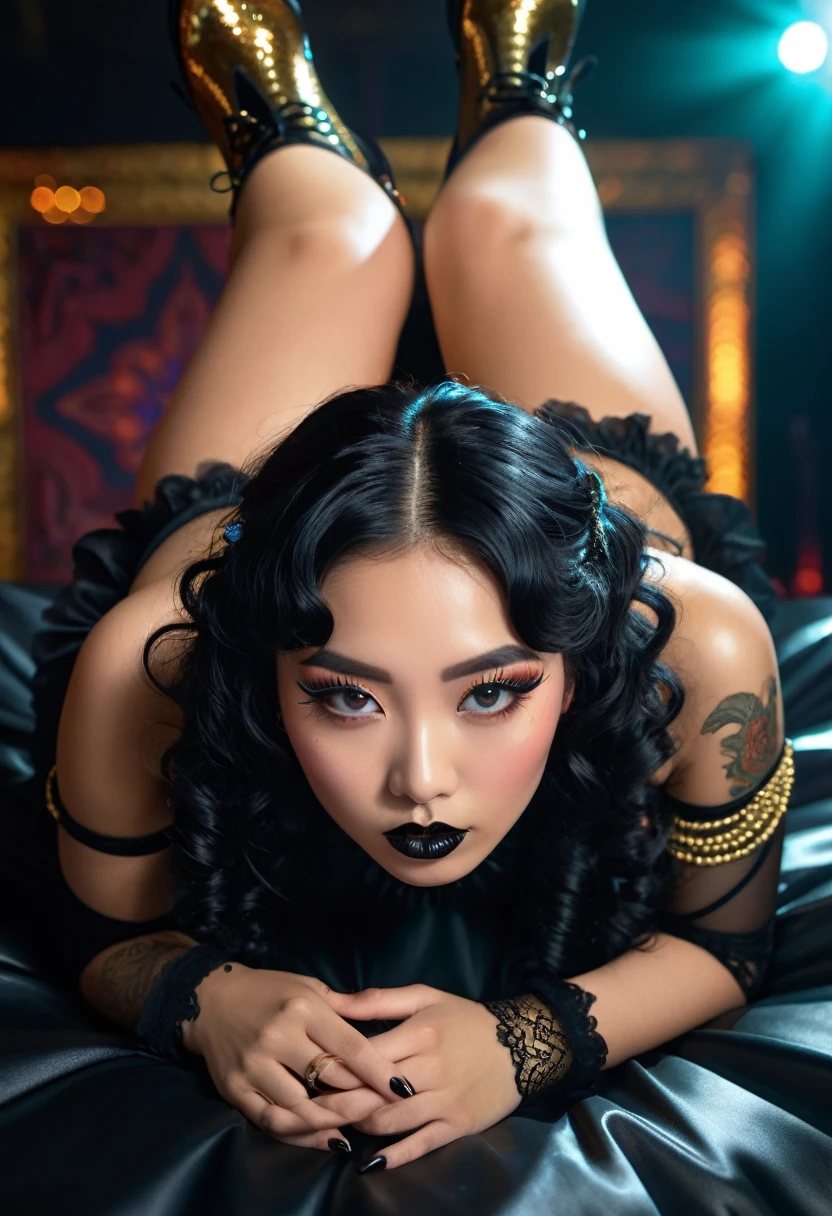 (1 girl 1.3) (extremely detailed 1.3) (anatomically correct, High precision, realistic skin) (RAW photo, nikon, 8k, Super detailed, advanced details, intricate details,), (Lighting: Face lighting, Ray tracing, reflective light, Structurally correct) ((Background: back room of a nightclub 1.3)) ((divine aura, goddess of fertility, sex, and eroticism) (Subject: beautiful half-asian, mixed asian-european, bronze skin, woman with hair in black curls and coils) (wearing: glamorous detailed embroidered goth ta rave, corset, teal and black, golden ancient jewellery on arms and neck wrists and fingers, wearing elegant gold and black high heel boot new rocks), ((lying down giving a POV blowjob, showing her ass 1.5)) ((beautiful big eyes looking up at the viewer, black shiny lipstick, perfect asian goth cyber makeup))