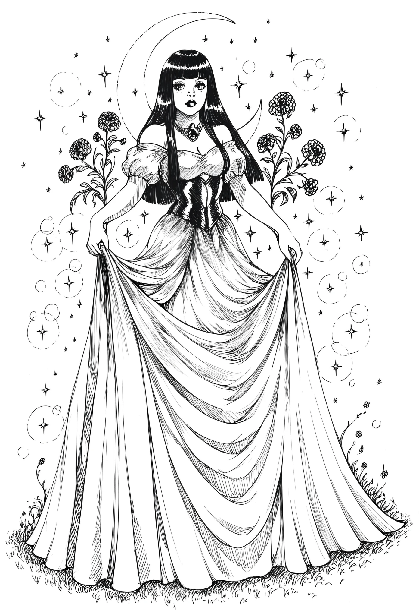 score_9, score_8_up, score_7_up, 1girl, sp1t, abundant detailed hatching shading, monochrome,best quality, high resolution, hyperdetailed, blunt bangs, straight hair, hime cut, a princess, long dress,