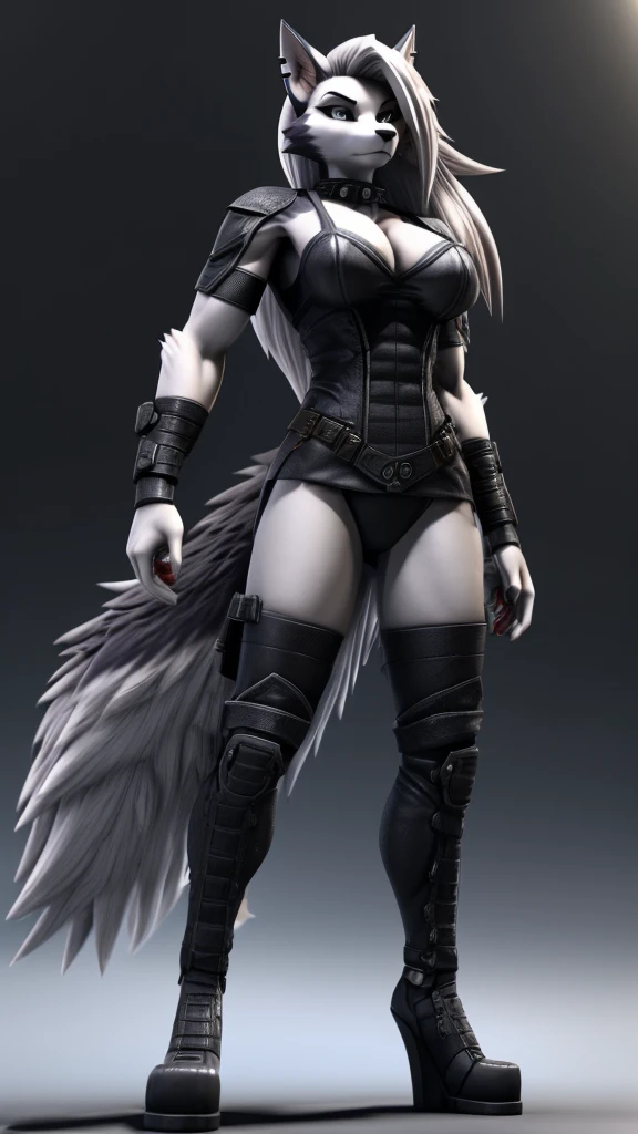 Loona from Helluva Boss, female wolf, anthro, white hair, grey eyes, mature adult, tall, muscular, fluffy body, military combat outfit, design based on Monster Girl Encyclopedia Hellhound, standing, serious, detailed, solo, beautiful, high quality, 4K, 3D, Unreal Engine 5, clear background,