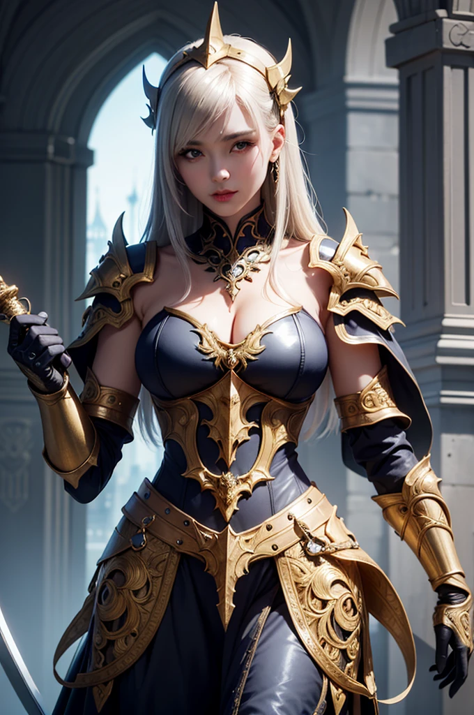 a close up of a woman in armor with a sword, stunning armor, wearing fantasy armor, very stylish fantasy armor, gold heavy armor. dramatic, beautiful armor, fantasy armor, black and gold armor, gothic armor, wearing ornate armor, intricate armour costumes, female armor, ornate gothic armor, ornate , wearing louis vuitton armor, girl in knight armor