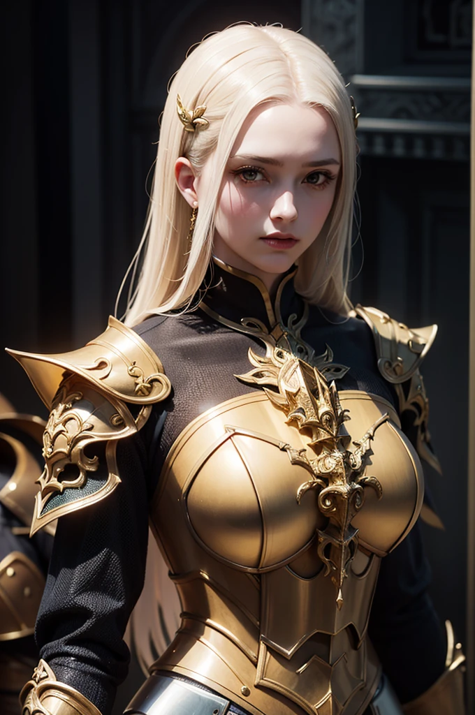 a close up of a woman in armor with a sword, stunning armor, wearing fantasy armor, very stylish fantasy armor, gold heavy armor. dramatic, beautiful armor, fantasy armor, black and gold armor, gothic armor, wearing ornate armor, intricate armour costumes, female armor, ornate gothic armor, ornate , wearing louis vuitton armor, girl in knight armor
