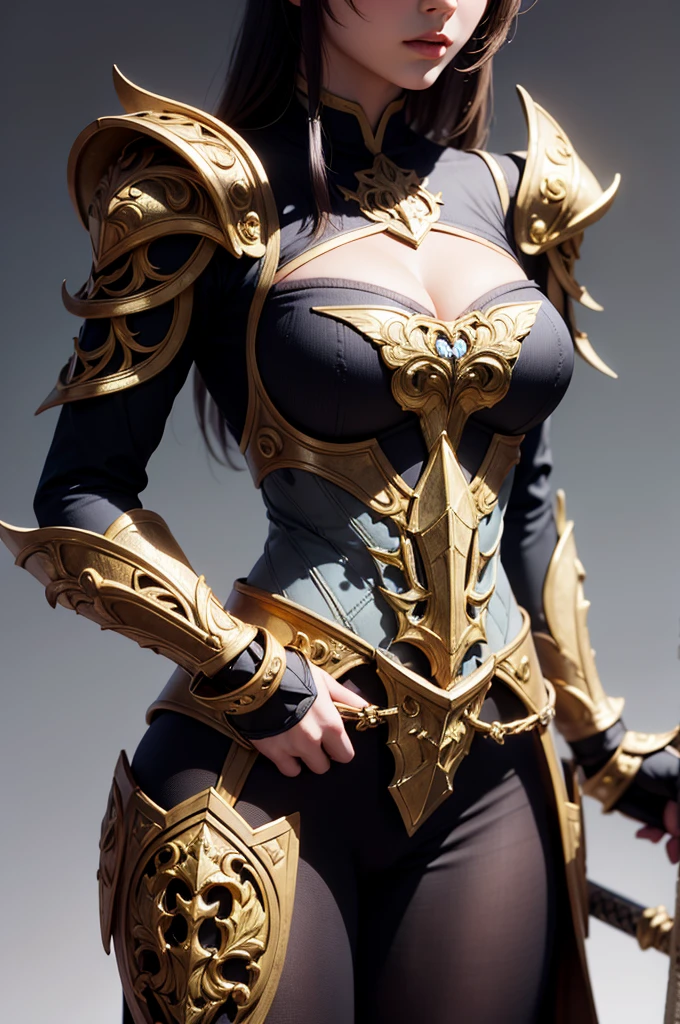 a close up of a woman in armor with a sword, stunning armor, wearing fantasy armor, very stylish fantasy armor, gold heavy armor. dramatic, beautiful armor, fantasy armor, black and gold armor, gothic armor, wearing ornate armor, intricate armour costumes, female armor, ornate gothic armor, ornate , wearing louis vuitton armor, girl in knight armor