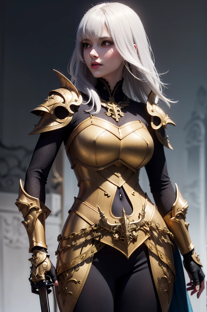 a close up of a woman in armor with a sword, stunning armor, wearing fantasy armor, very stylish fantasy armor, gold heavy armor. dramatic, beautiful armor, fantasy armor, black and gold armor, gothic armor, wearing ornate armor, intricate armour costumes, female armor, ornate gothic armor, ornate , wearing louis vuitton armor, girl in knight armor