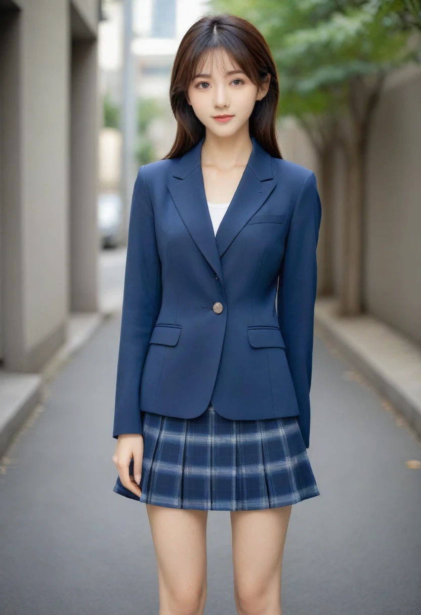 8K, Ultra-high resolution, Highest quality, masterpiece, 三分割法によるphotograph,Surreal, photograph, 1 Girl, (16 years old:1.3), pretty girl, Cute face, Beautiful eyes in every detail, 細かくdetailedに,masterpiece,, One Girl:1.2, Japan Female Announcer,whole body,((very small head:1.3)),Center-parted bangs,amount,Black Hair,Long Hair,Iris,Gorgeous eyes,smile,((Toned body,Slender body,skinny)),(school uniform、Dark blue blazer jacket、Navy blue tie、Grey plaid pleated mini skirt),Glowing Skin,Shiny skin,Beautiful leg line beauty,Urban area,street tree,Full of  appeal,Sensual,屈託のないsmile,Heal the heart,Looking at the audience、beauty,Long neck、Laugh a little、Please close your mouth and laugh、(((Ideal body type))),A cup small  :2,、Portraiture:2、Perfect 、鮮明なdetailed、detailed、Surreal、Light and shadow,Strong light