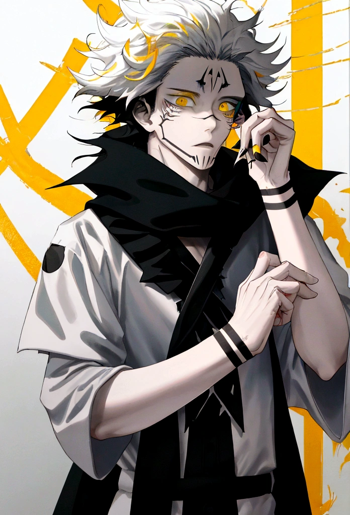 1 young boy, 8K, best qualityer, good quality, work of art, Messy hair , Medium length hair, multicolored black and white hair ( focus on hair containing both colors) , heterochromia, (dark white right eye:1.3), (yellow left eye: 1.3), (dark theme:1.3), (dark atmospher:1.3), wild hair, glare eyes,