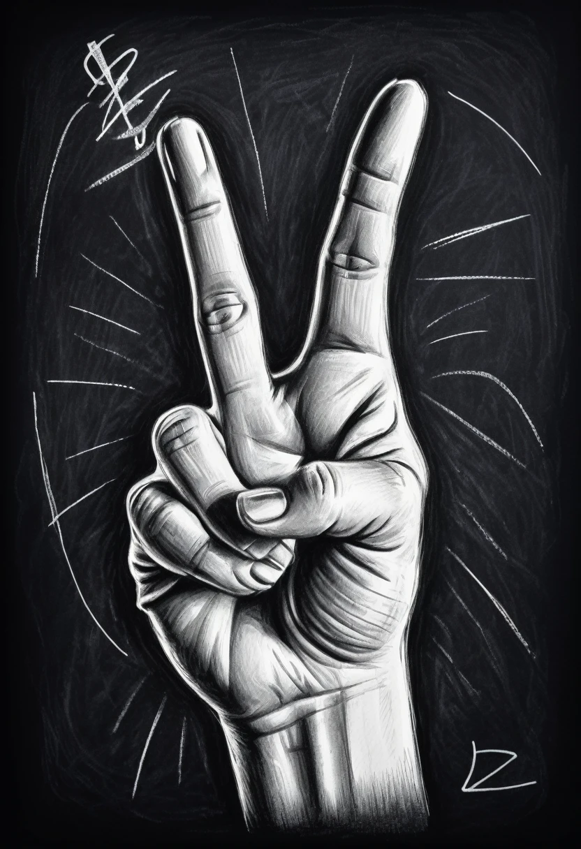 Hand showing middle finger gesture,sketching, drawing with white chalk on a black board. Szczegółowe tekstury i linie, realistic style.