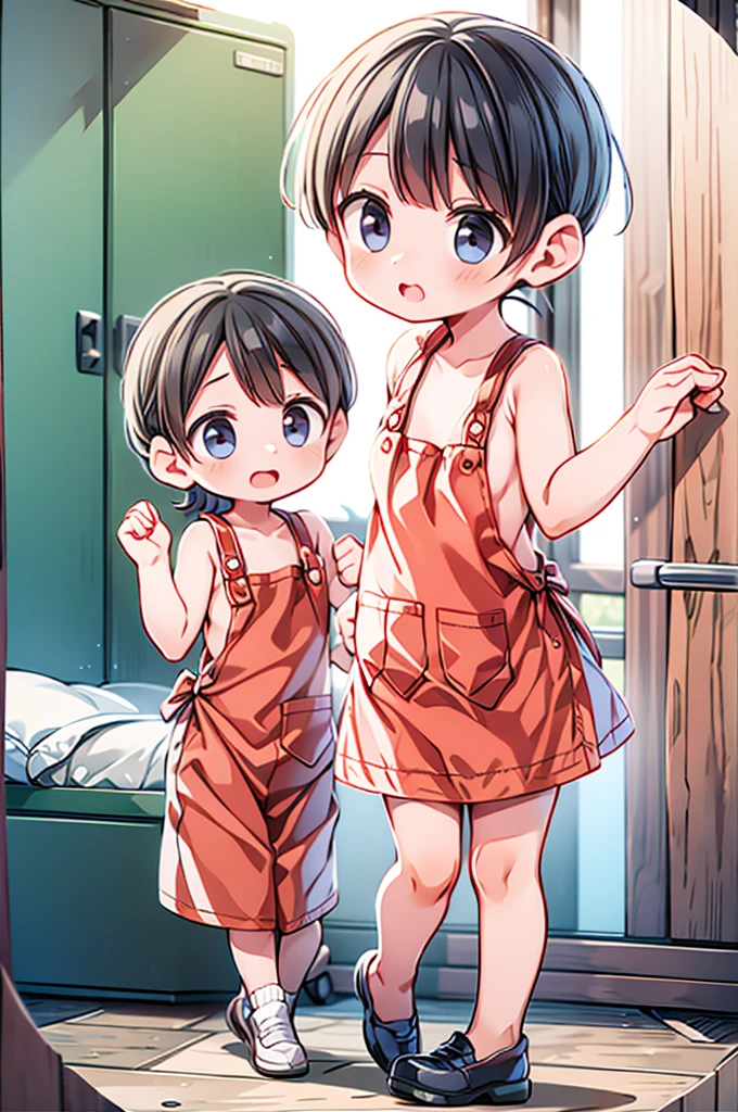 Three young children with black hair, wearing nothing but a white kitchen apron, standing in a bed room.