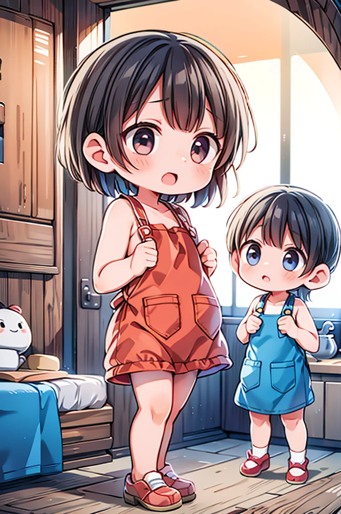 Three young children with black hair, wearing nothing but a white kitchen apron, standing in a bed room.