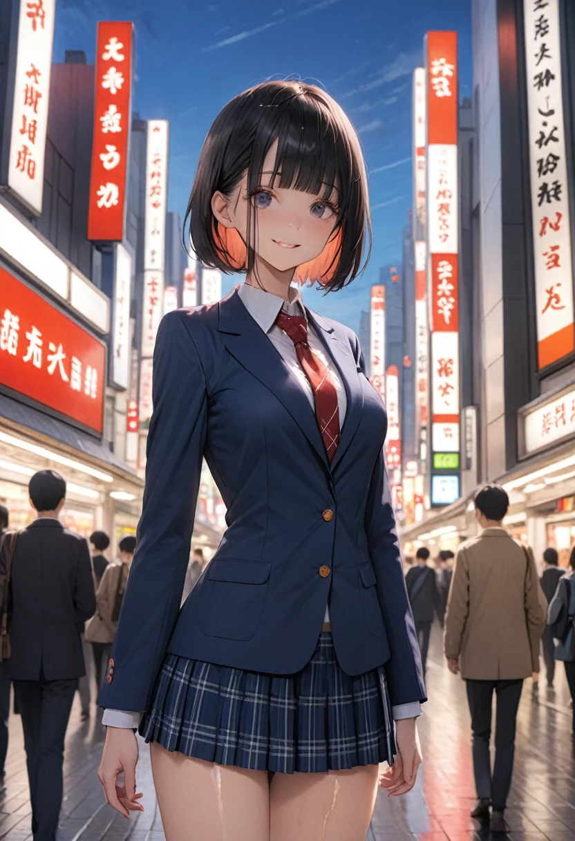 ((masterpiece,Highest quality:1.3,best quality illustration)),cowboy shot,1woman、独奏,-yeld Ja beauty,((very small head:1.3)),short bob hair,blunt bangs,black hair,black eyes,gorgeous eyes,blush,smile,medium breasts,((very long body)),(School uniform,Navy blue blazer、Red tie、White Shirt、Navy blue pleated mini skirt),(toned body,slender body,skinny),gleaming skin,shiny skin,oily skin,standing,Shibuya Station、Tokyo