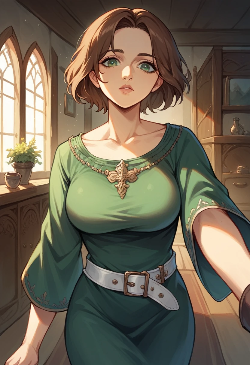{{upper body, Dutch angle}} {{Artist: sincos}} 1 girl, mature woman, brown hair, short hair, green eyes, black dress, white belt, indoors, living room, standing, POV, medieval fantasy.