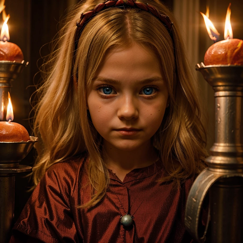 Adorable Young girl () big beautiful blue eyes blonde hair holding a demonic fireball in her han in a satanic temple worshipping Lord Satan