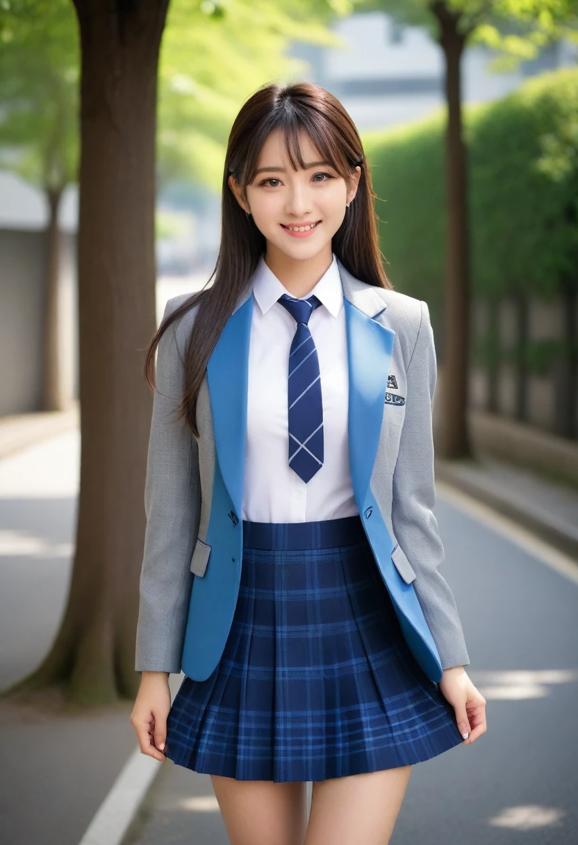 8K, Ultra-high resolution, Highest quality, masterpiece, 三分割法によるphotograph,Surreal, photograph, 1 Girl, (16 years old:1.3), pretty girl, Cute face, Beautiful eyes in every detail, 細かくdetailedに,masterpiece,, One Girl:1.2, Japan Female Announcer,whole body,((very small head:1.3)),Center-parted bangs,amount,Black Hair,Long Hair,Iris,Gorgeous eyes,smile,((Toned body,Slender body,skinny)),(school uniform、Dark blue blazer jacket、Navy blue tie、Grey plaid pleated mini skirt),Glowing Skin,Shiny skin,Beautiful leg line beauty,Urban area,street tree,Full of sex appeal,Sensual,屈託のないsmile,Heal the heart,Looking at the audience、beauty,Long neck、Laugh a little、Please close your mouth and laugh、(((Ideal body type))),A cup small breasts :2,、Portraiture:2、Perfect Anatomy、鮮明なdetailed、detailed、Surreal、Light and shadow,Strong light