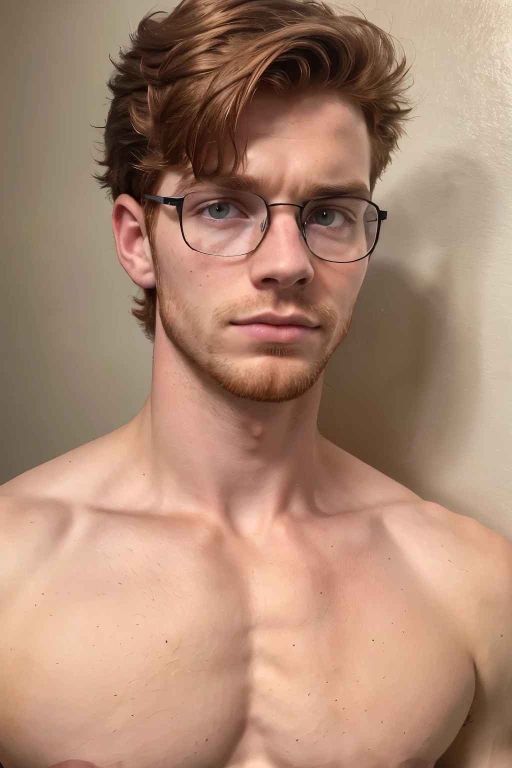 A portrait of a handsome redhead young man with short hair wearing glasses looking sternly at the camera, shirtless, (Best quality, 4k, Masterpiece :1.3), pink nipples, pale skin, lean, closeup, symmetrical eyes, facial hair, skinny, headshot, messy hair