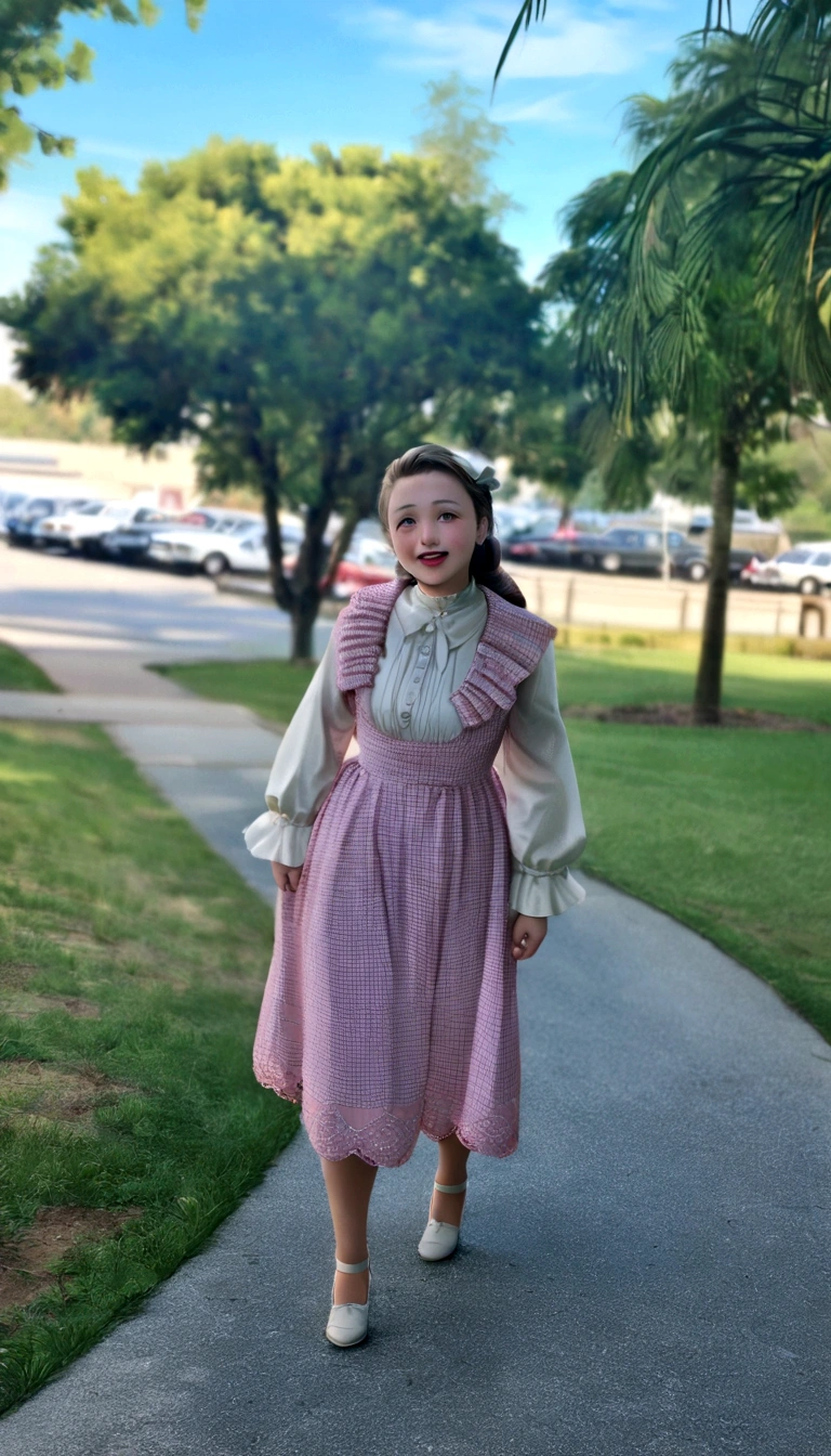 araffe Wearing a pink dressing gown and white blouse and white shoes, wearing 10s era clothes, dressed like in the 1940s, dressed in a pink dress, wearing clothes from the 1860s, Wearing a pink dressing gown, wearing 1850s era clothes, wearing 1 8 5 0 s era clothes