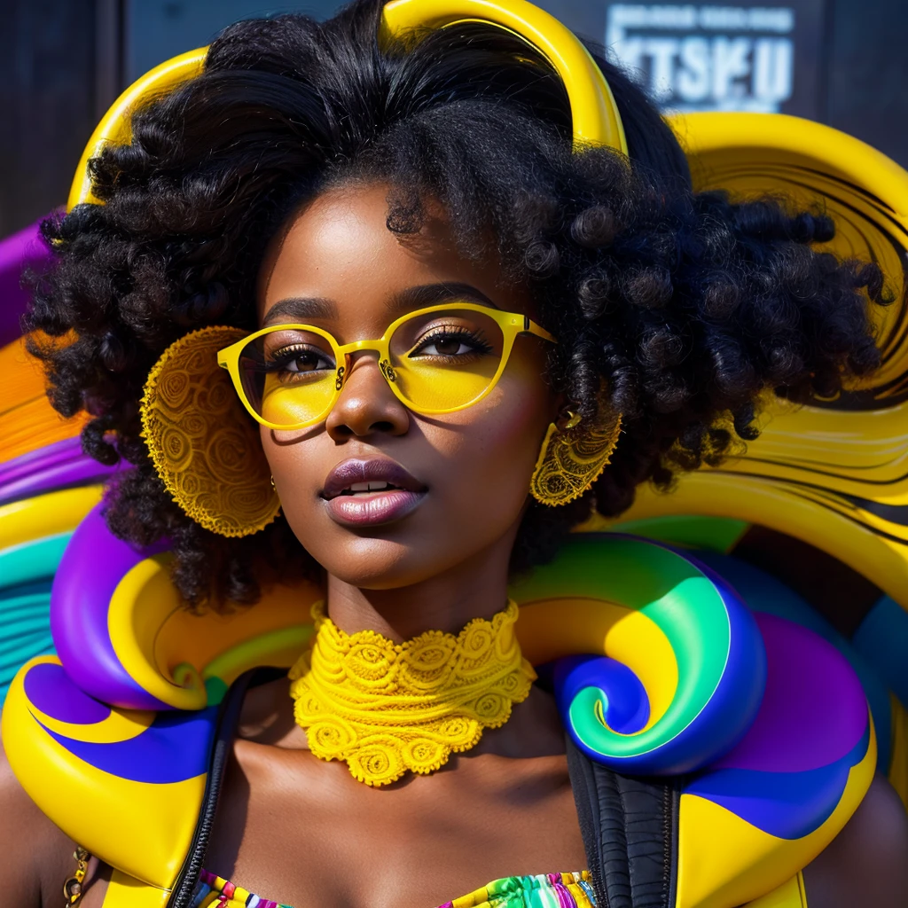 Beautiful black woman with afro hair for advertisement of stylish yellow-framed glasses, swirly vibrant colors, hyper realistic art in 4k, hyper realistic hair