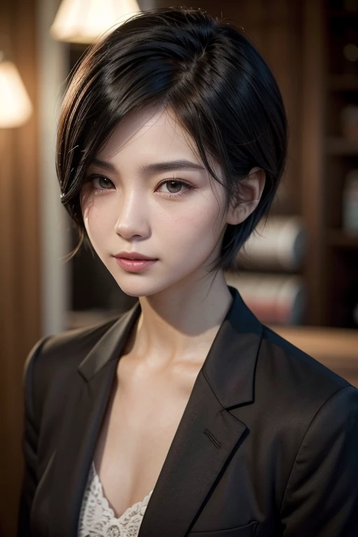 8K, CRU photo, Fujifilm, style photo of a beautiful young woman in her 30s (highly detailed skin: 1.2) Style-Petal BREAK short hair, long black hair on the sides, wearing a wine blazer, skin fair