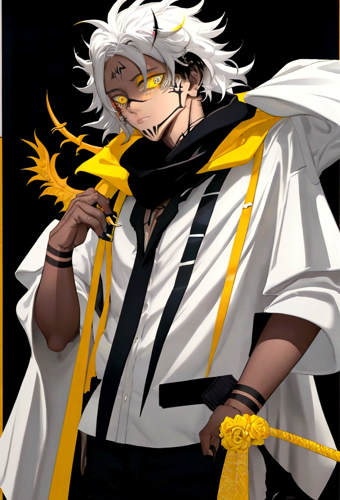 ung boy ( darkskin), 8K, best qualityer, good quality, work of art, Messy hair , Medium length hair, multicolored black and white hair ( focus on hair containing both colors) , heterochromia, (dark white right eye:1.3), (yellow left eye: 1.3), (dark theme:1.3), (dark atmospher:1.3), wild hair, glare eyes,