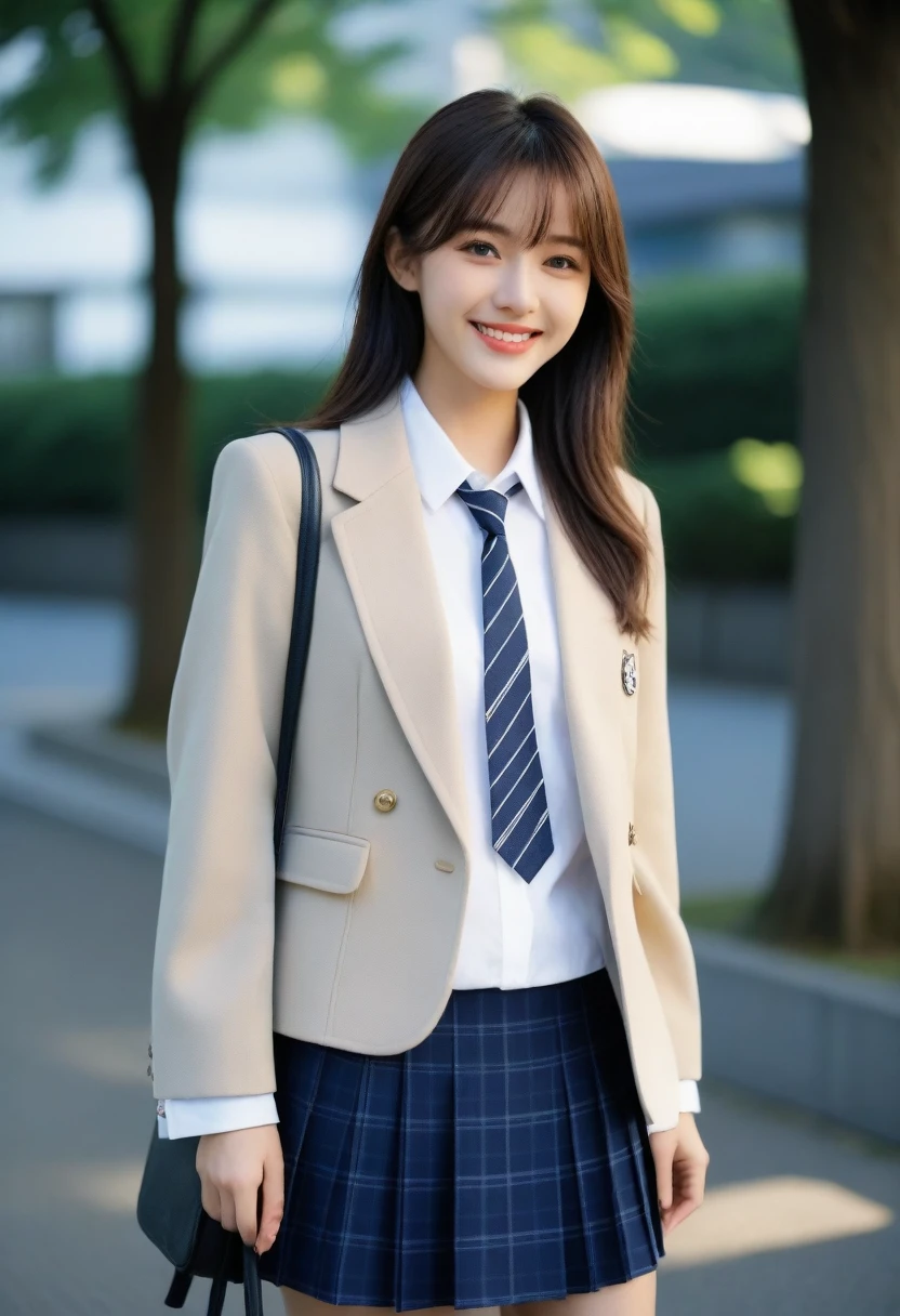 8K, Ultra-high resolution, Highest quality, masterpiece, 三分割法によるphotograph,Surreal, photograph, 1 Girl, (16 years old:1.3), pretty girl, Cute face, Beautiful eyes in every detail, 細かくdetailedに,masterpiece,, One Girl:1.2, Japan Female Announcer,whole body,((very small head:1.3)),Center-parted bangs,amount,Black Hair,Long Hair,Iris,Gorgeous eyes,smile,((Toned body,Slender body,skinny)),(school uniform、Dark blue blazer jacket、Navy blue tie、Grey plaid pleated mini skirt),Glowing Skin,Shiny skin,Beautiful leg line beauty,Urban area,street tree,Full of sex appeal,Sensual,屈託のないsmile,Heal the heart,Looking at the audience、beauty,Long neck、Laugh a little、Please close your mouth and laugh、(((Ideal body type))),A cup small breasts :2,、Portraiture:2、Perfect Anatomy、鮮明なdetailed、detailed、Surreal、Light and shadow,Strong light