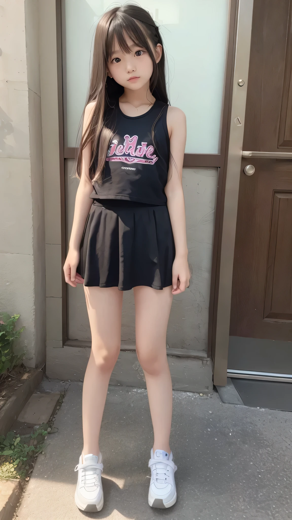 very cute、11 years old、girl、Tank top、mini skirt、Fluffy long hair、Cute face、Beautiful legs、Beautiful body、Thin legs、