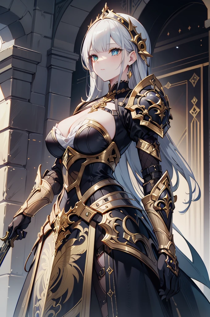 a close up of a woman in armor with a sword, stunning armor, wearing fantasy armor, very stylish fantasy armor, gold heavy armor. dramatic, beautiful armor, fantasy armor, black and gold armor, gothic armor, wearing ornate armor, intricate armour costumes, female armor, ornate gothic armor, ornate , wearing louis vuitton armor, girl in knight armor