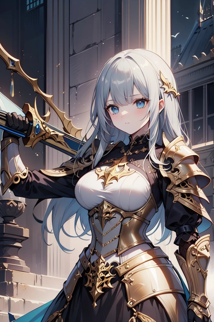 a close up of a woman in armor with a sword, stunning armor, wearing fantasy armor, very stylish fantasy armor, gold heavy armor. dramatic, beautiful armor, fantasy armor, black and gold armor, gothic armor, wearing ornate armor, intricate armour costumes, female armor, ornate gothic armor, ornate , wearing louis vuitton armor, girl in knight armor