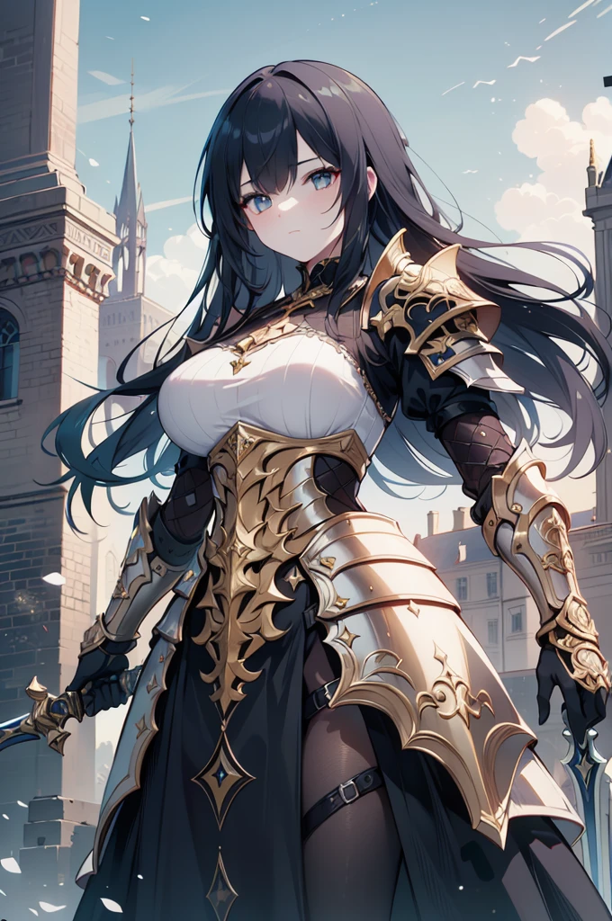 a close up of a woman in armor with a sword, stunning armor, wearing fantasy armor, very stylish fantasy armor, gold heavy armor. dramatic, beautiful armor, fantasy armor, black and gold armor, gothic armor, wearing ornate armor, intricate armour costumes, female armor, ornate gothic armor, ornate , wearing louis vuitton armor, girl in knight armor