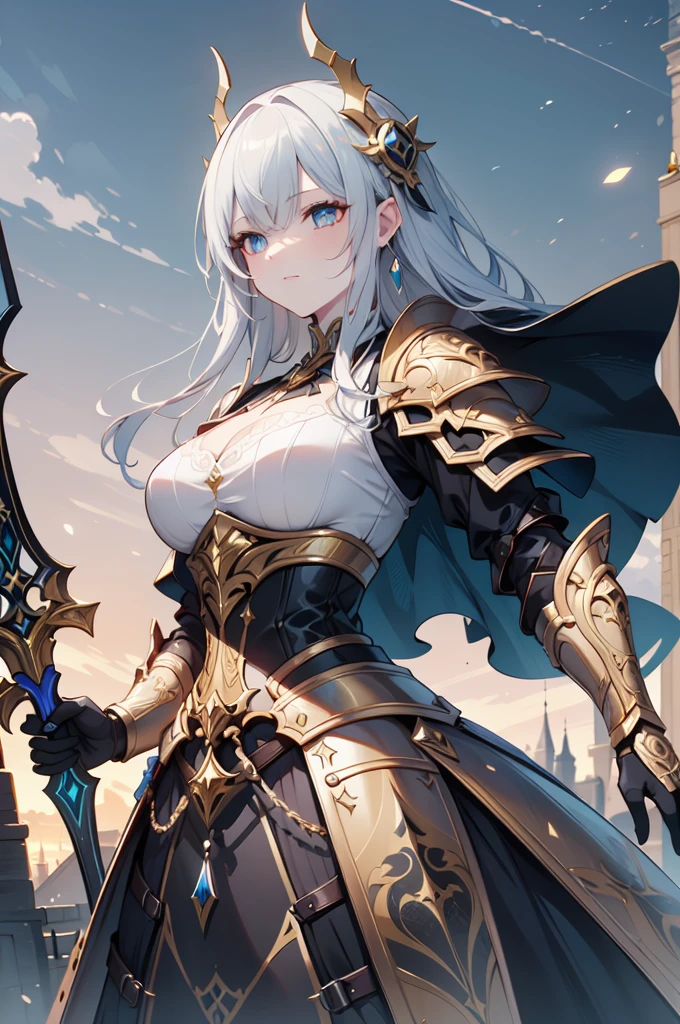 a close up of a woman in armor with a sword, stunning armor, wearing fantasy armor, very stylish fantasy armor, gold heavy armor. dramatic, beautiful armor, fantasy armor, black and gold armor, gothic armor, wearing ornate armor, intricate armour costumes, female armor, ornate gothic armor, ornate , wearing louis vuitton armor, girl in knight armor