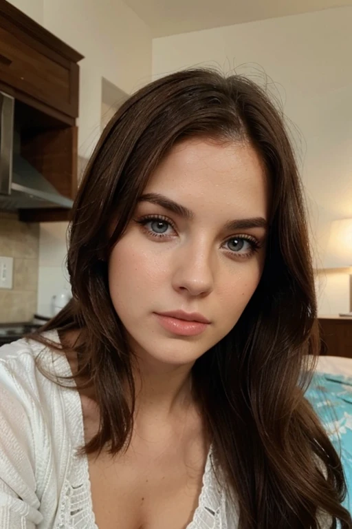 a woman who looks like lana roades with brown hair and blue eyes aged 20