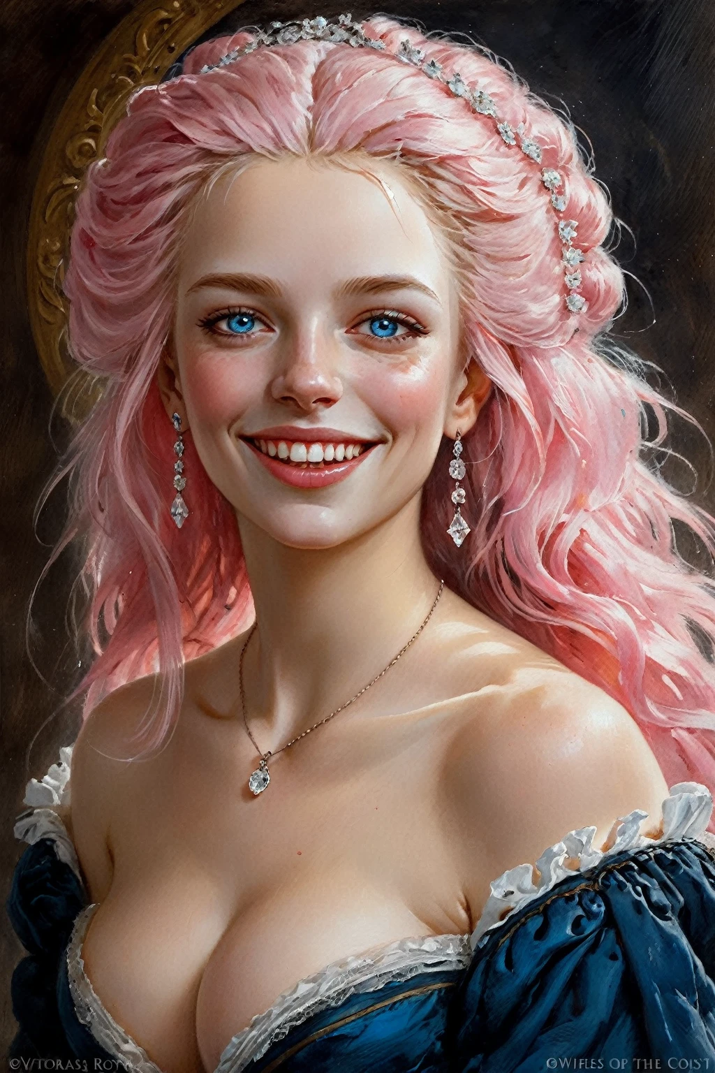 Victorian English Woman of the 18th century, very detailed Bright hair, Pink lips, Delicate sexy and discreet smile, without showing teeth, very detailed skin, Nice features, Wadim Kashin, James Gurney, ink, Splash Art, Amazing beauty, Royo, after sexing, Super detailed splash art modern European oil ink painting, big Gorgeous chests, Gorgeous Body, oil painting, very detailed Bright Diamond Blue eyes, Blush, Greg Rutowski, no extra head:1.4.