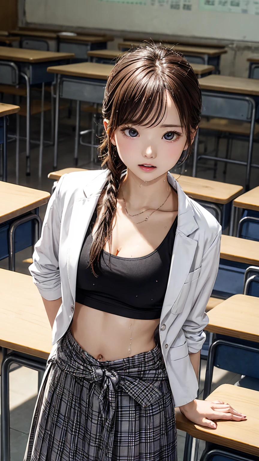 Sex teacher、Highest quality、Highest quality、Super detailed、Particles of light:0.5、、classroom、Beautiful Eyes、Natural Texture、、French Braid、Body wet with semen、Wet vagina、Exposed female genitalia、、Vagina in full view、、Wet vagina、精液でWet vagina、Small and beautiful female genitalia、White deep U-neck black tank top with white jacket、Grey checked long skirt with slits、A little cleavage、Looking up and glancing upwards、No bra、Hands on hips