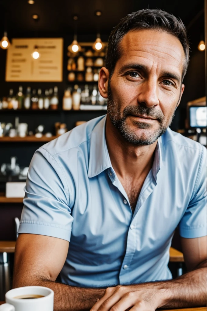 Super realistic man, working in cybersecurity, looking, not attractive, at a cafe in Sidney, selfi, 40 years old