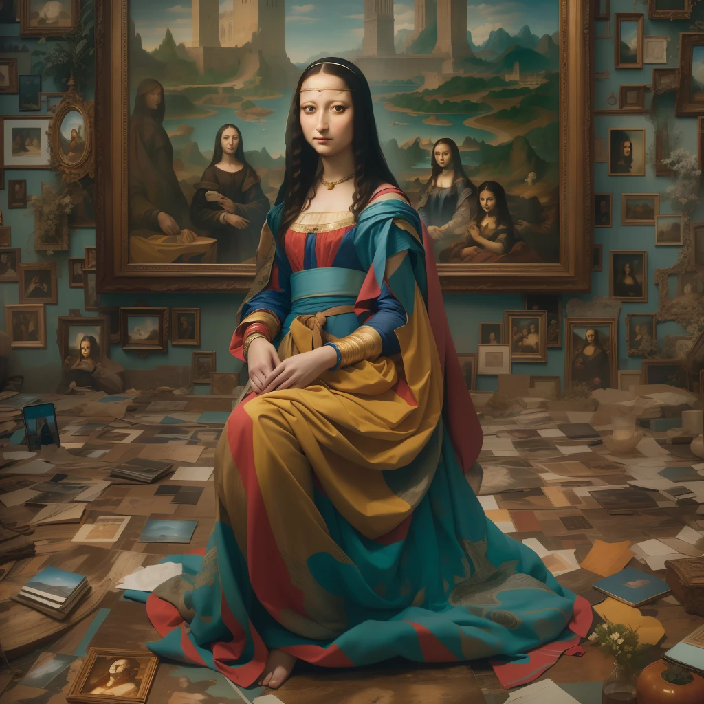 "Mona Lisa, modern art, hyper-realistic, human, photograph, incredibly high-quality photo, astonishing artwork, philosophical message, embedding contemporary darkness and issues, smartphone-addicted Mona Lisa, beauty, evokes viewer's imagination, grand background, live-action version of Mona Lisa, world's most beautiful woman, barefoot, colorful dress, groundbreaking dress, futuristic dress."