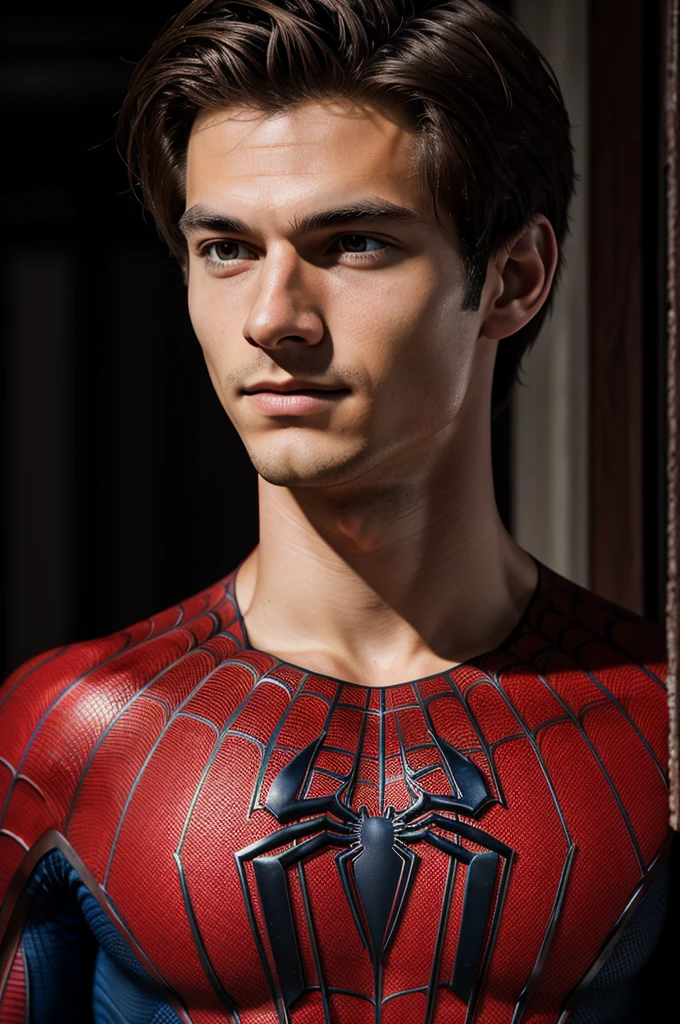 A photograph of spider man, no mask, 20 yo,naked, handsome, detailed face, looking at camera, portrait, 8k uhd, high quality