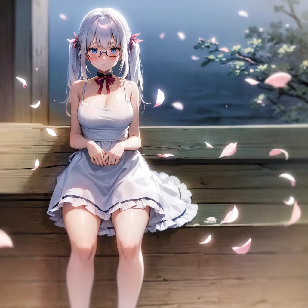 adult anime girl, white hair pigtails, ribbons, blushing, blue eyes, white cat ears, 8k, high res, 1 girl, good lighting, fine detail, rob, glasses, (masterpiece), perfect face, best quality, looking at view, flowers, petals, full body thick, sitting
