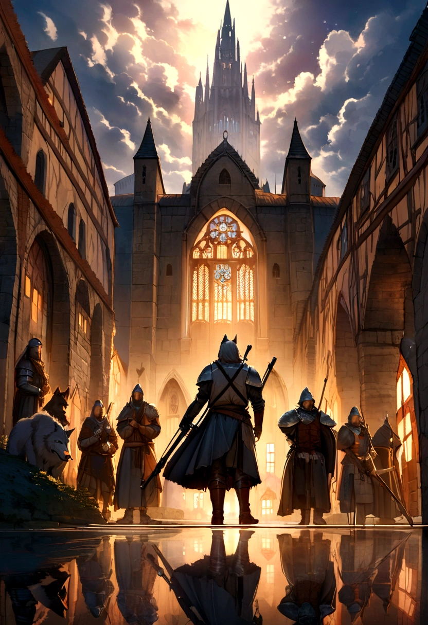 Illustration of a wolf holding or shooting at a sniper rifle, Cinematic light and reflection, Intermediate elements of the metaverse，digitalpainting, glossy reflections,Beautiful atmosphere night skylight,surrounded by clouds, Buildings in medieval Europe, Glass tiles,