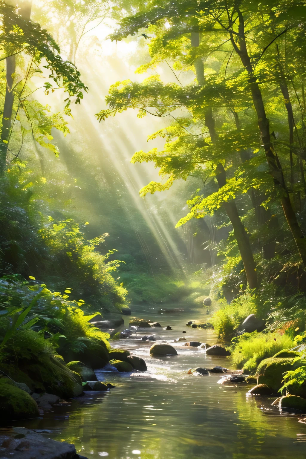 ((masterpiece)),((best quality)),((high detail)),((water colour)) morning forest,clear air,bird song,sunlight filtering through the foliage,The sun is visible, a warm light with a slight orange tinge