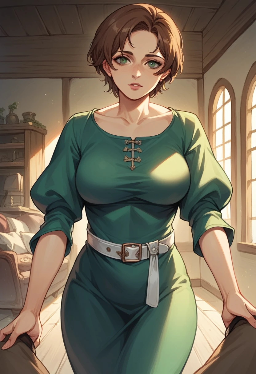 {{upper body, dutch angle}} {{Artist: sincos}} 1girl, mature female, brown hair, short hair, green eyes, black dress, white belt, indoors, living room, standing, pov, medieval fantasy.