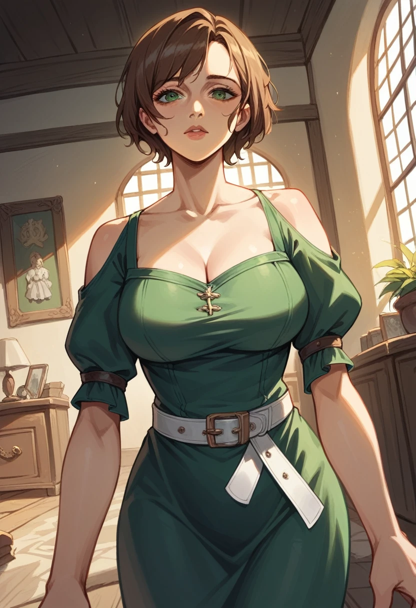 {{upper body, dutch angle}} {{Artist: sincos}} 1girl, mature female, brown hair, short hair, green eyes, black dress, white belt, indoors, living room, standing, pov, medieval fantasy.
