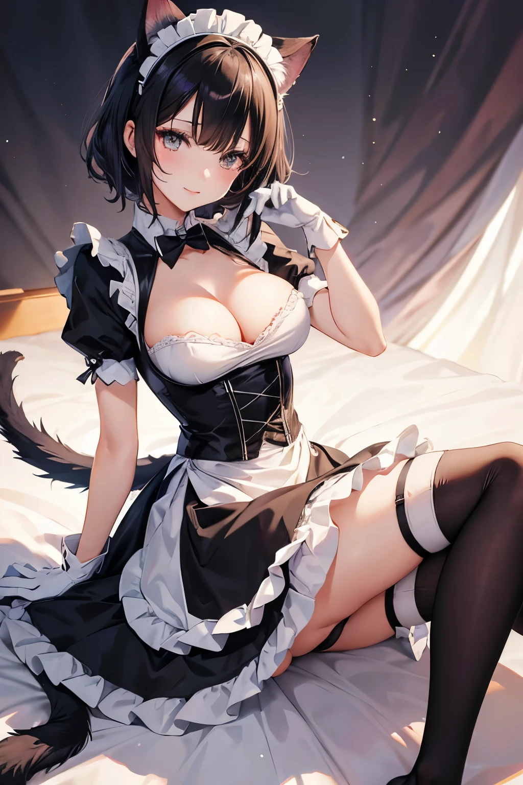 Beautiful anime woman with cat ears and tail (wearing maid dress, black stockings, and short white gloves) with her glove holding her breasts