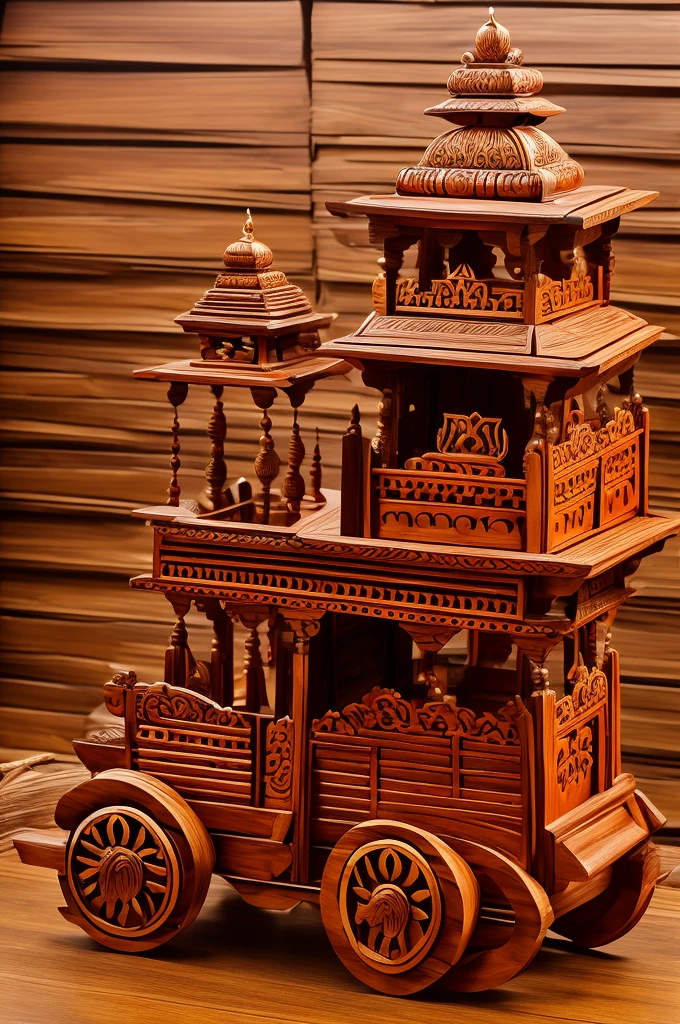 Very simple design, A beautiful wooden chariot or rath of Hindu god Jagannath, three layers from down to top, beautiful wooden Rath, inspired by Hindu mythology, Hindu temple, magnificent wooden chariot, simple design, easy to imitate, diy, 3 floored, not so wide, 