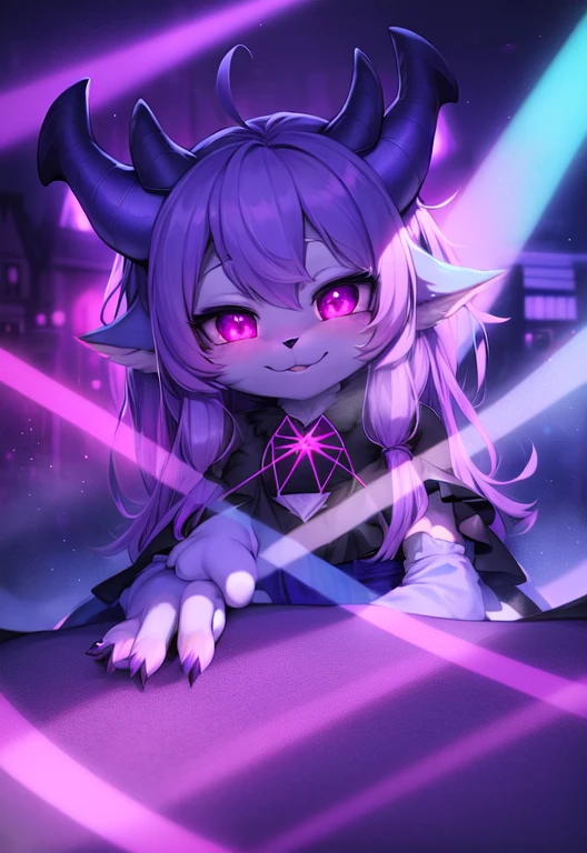 furry, purple fur, ultra cute face, dragon horns, bat wings, magenta and cyan elements on fur, pentagram, witchy, beautiful lights and shadows, ambient light, ultra detailed fur, volumetric light